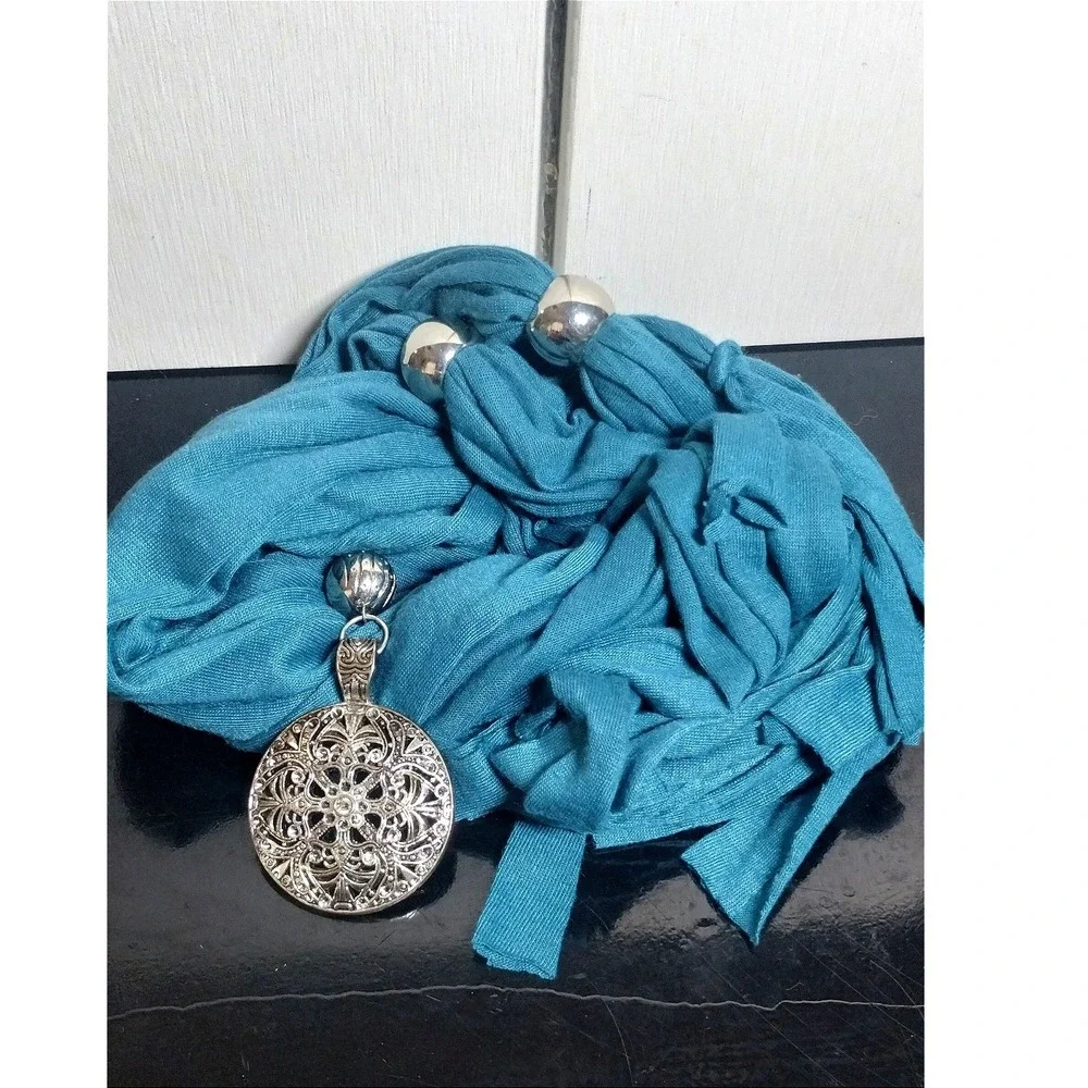 Teal Jersey Fabric Scarf Necklace Silver Filigree Mandala Pendant Boho Fringe